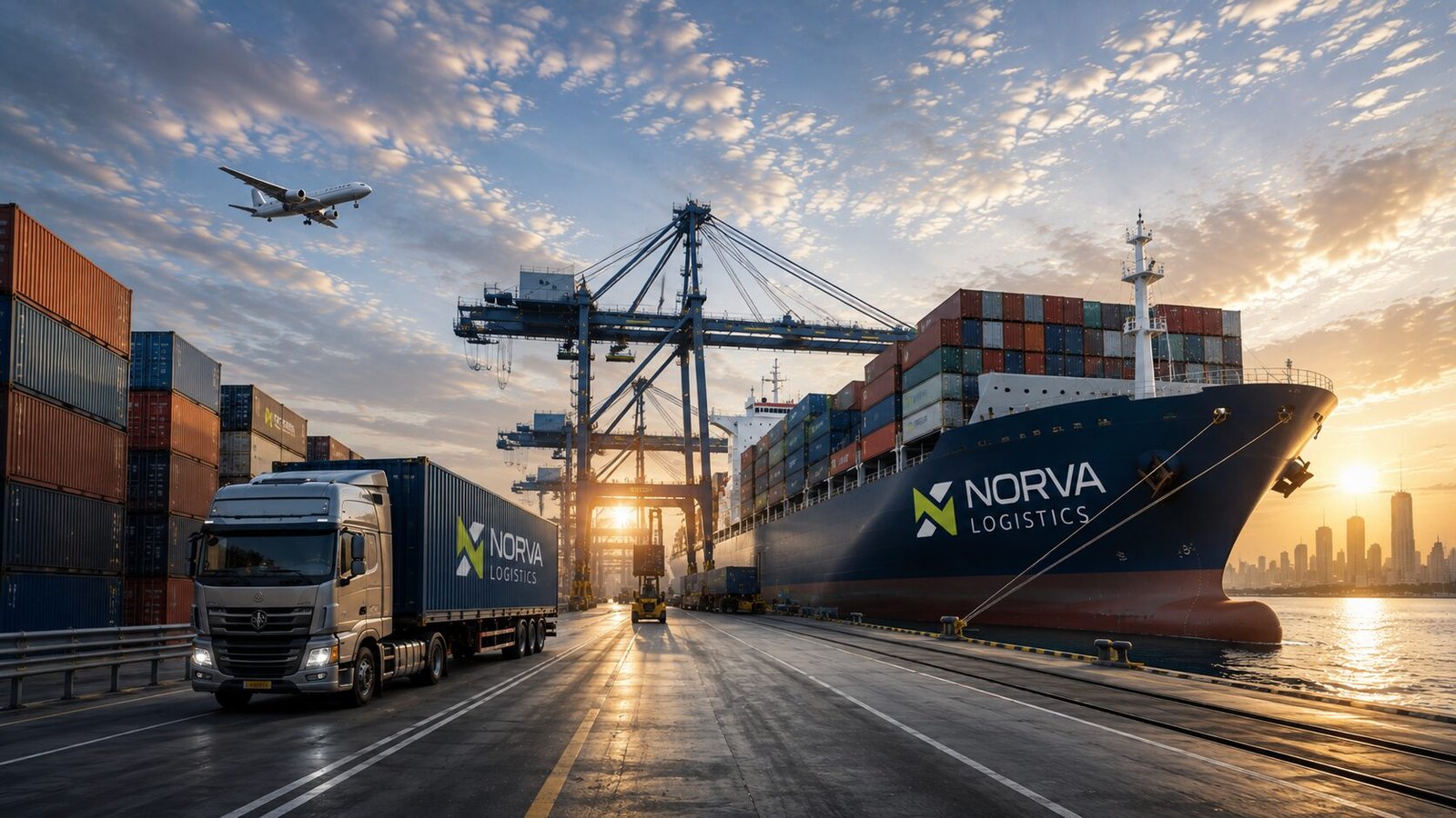 A NORVA truck, container vessel and freighter aircraft at a port terminal, cargo moving between them.