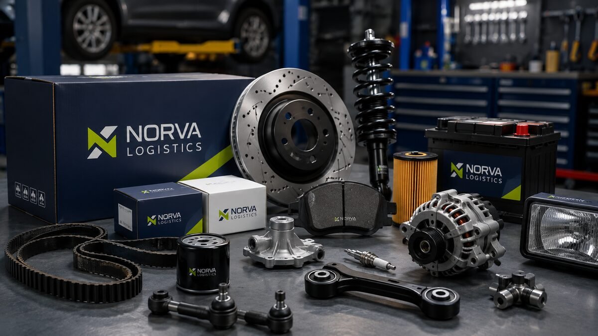 Brake discs, a coilover, an alternator, belts and filters in NORVA boxes on a workshop bench.