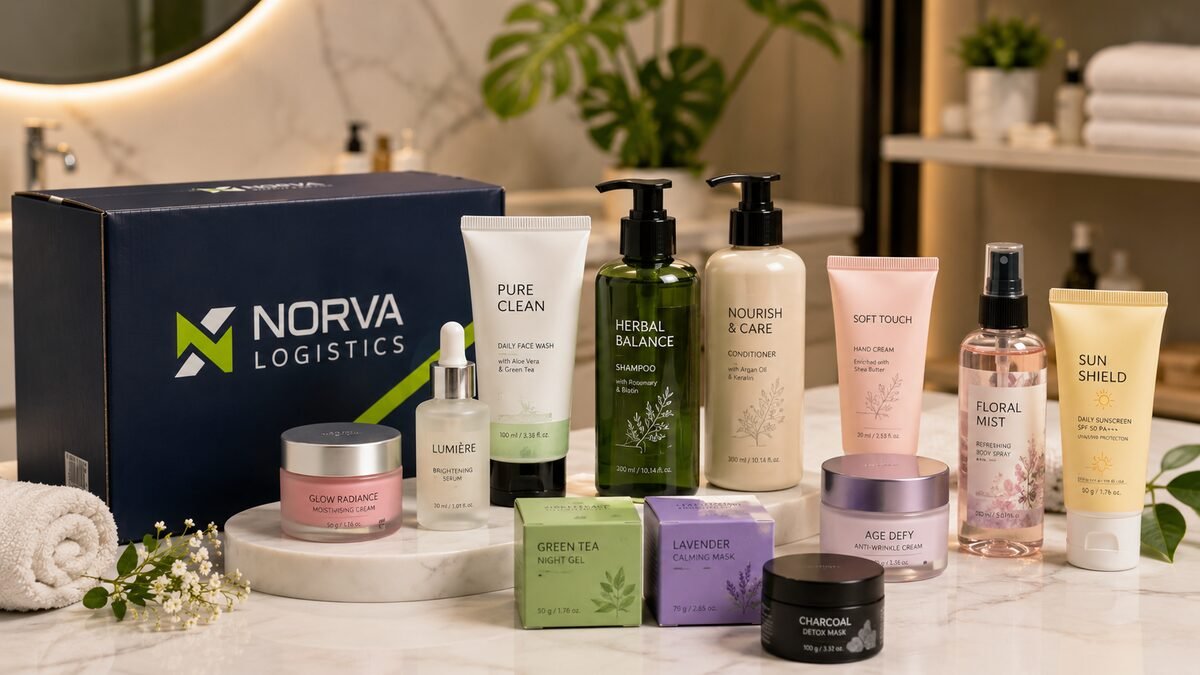 Skincare and haircare bottles, jars and tubes arranged beside a NORVA carton.