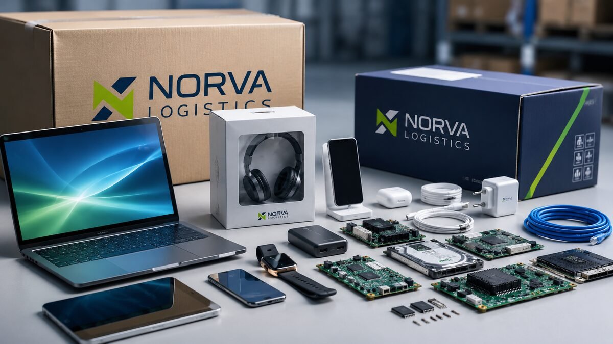 Laptops, phones, headphones and circuit boards laid out beside NORVA shipping cartons.