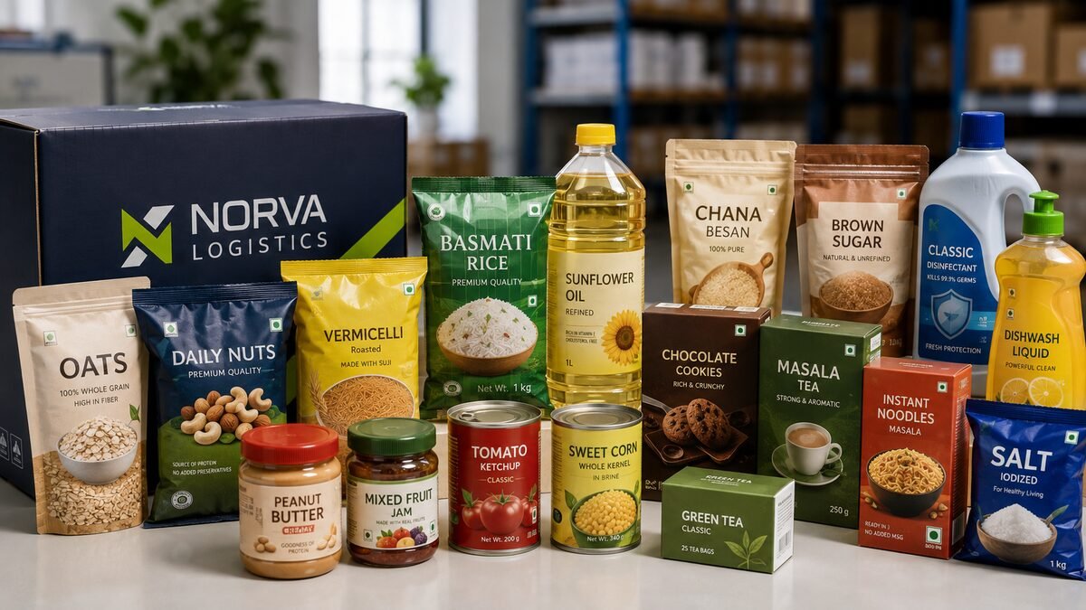 Packaged rice, oils, tinned goods, tea and household products in front of a NORVA carton.