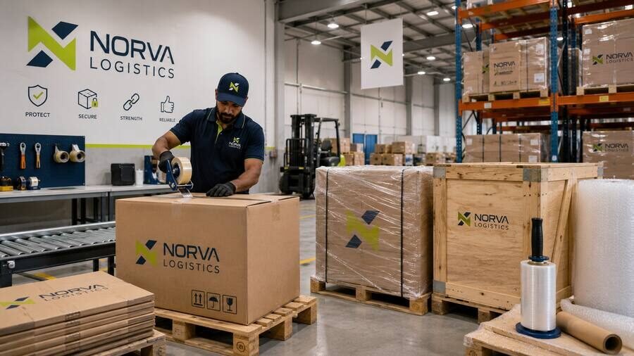 NORVA cartons, a shrink-wrapped pallet and a wooden crate being sealed for despatch.