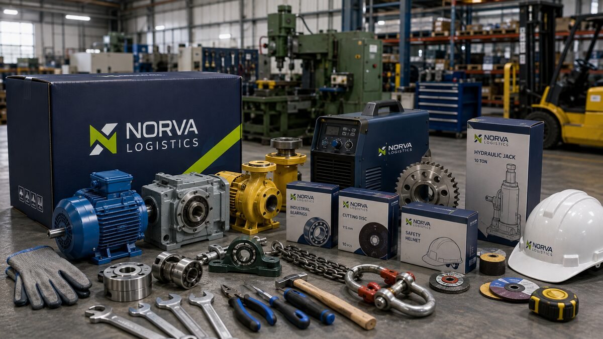 An electric motor, gearbox, pump, bearings and hand tools on a factory floor beside a NORVA crate.