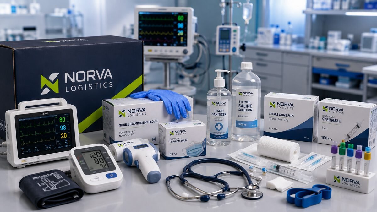 A patient monitor, stethoscope, gloves, syringes and dressings packed in NORVA boxes.