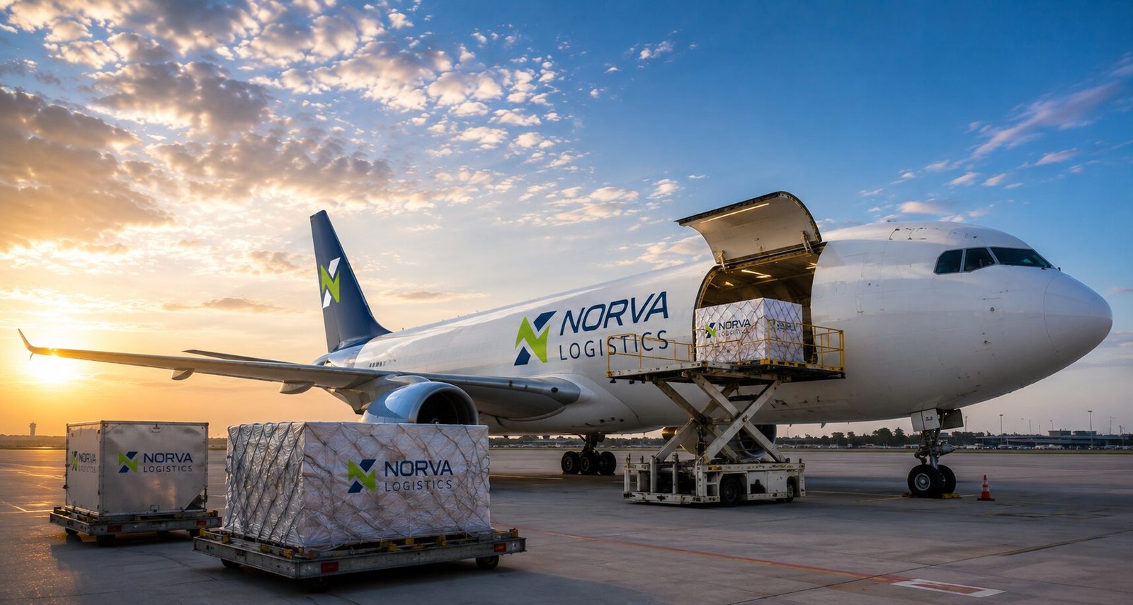 A NORVA Logistics truck and trailer at the loading bays of a container terminal at sunrise, with gantry cranes and a cargo aircraft overhead.