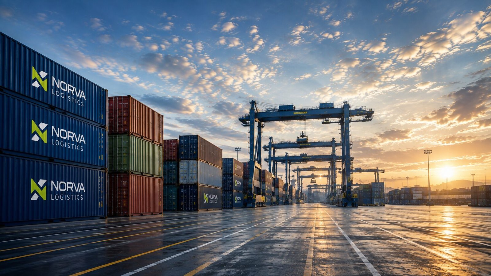 Stacked containers at a NORVA terminal at sunrise, cargo waiting to be moved.