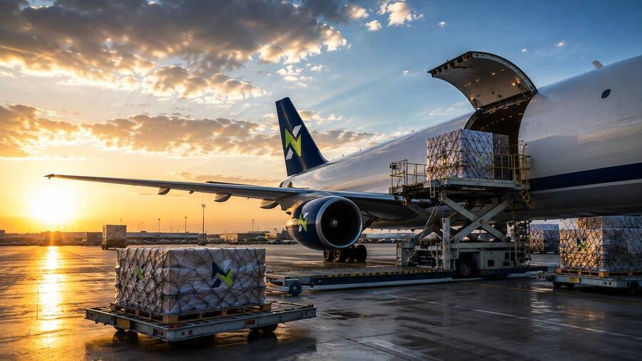 Cargo pallets being loaded into a NORVA freighter aircraft at sunrise.