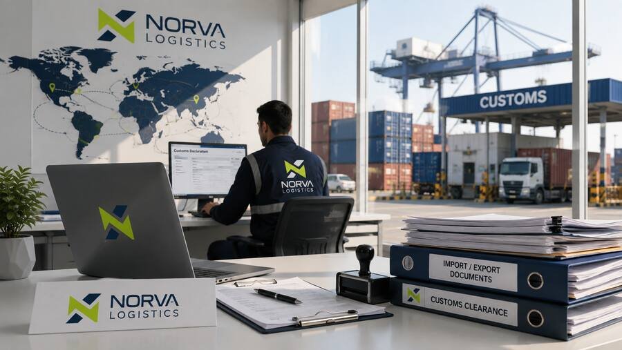 Customs paperwork being processed at a terminal.